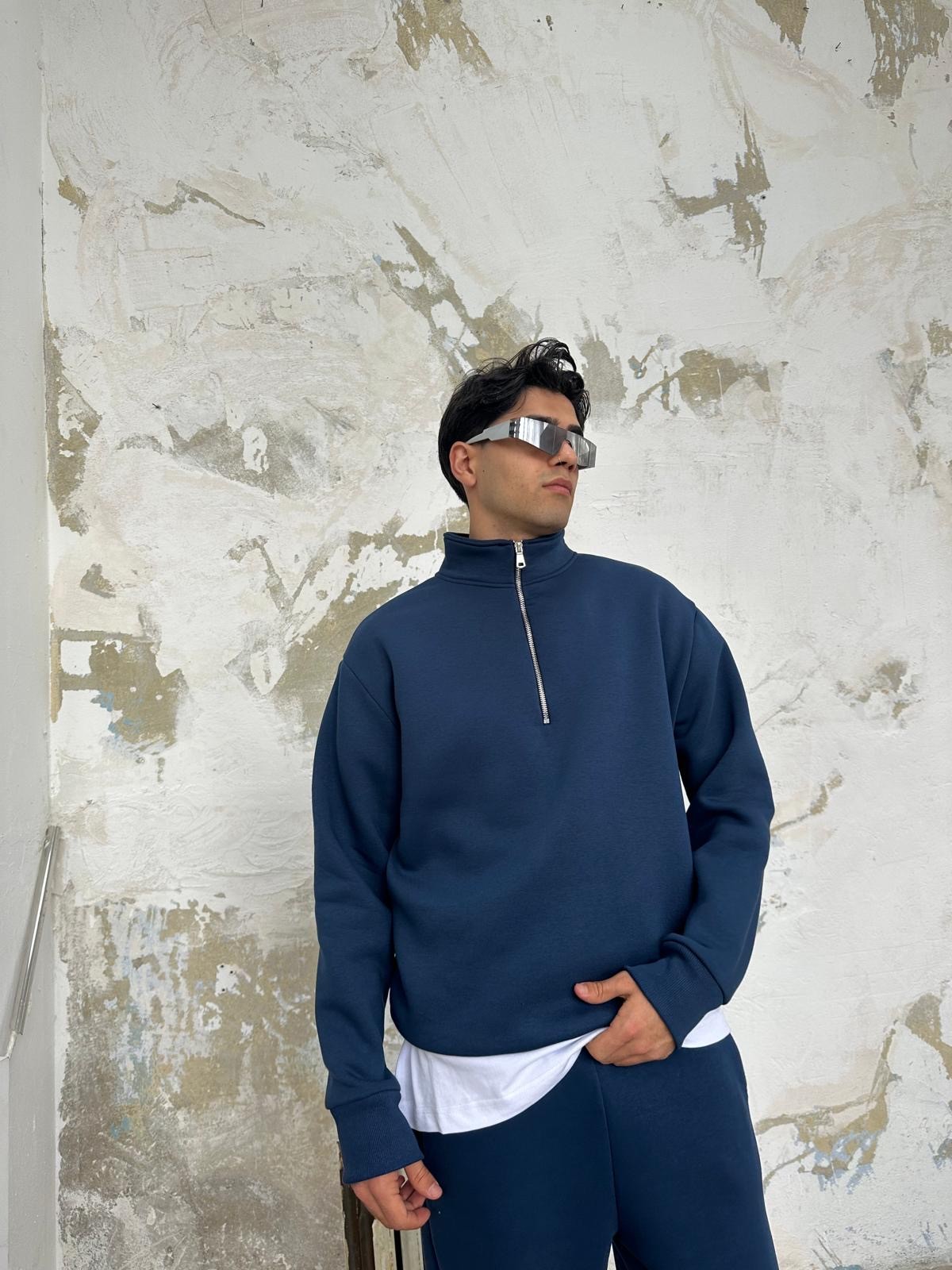 İndigo Mavisi Oversize Basic Half-Zip