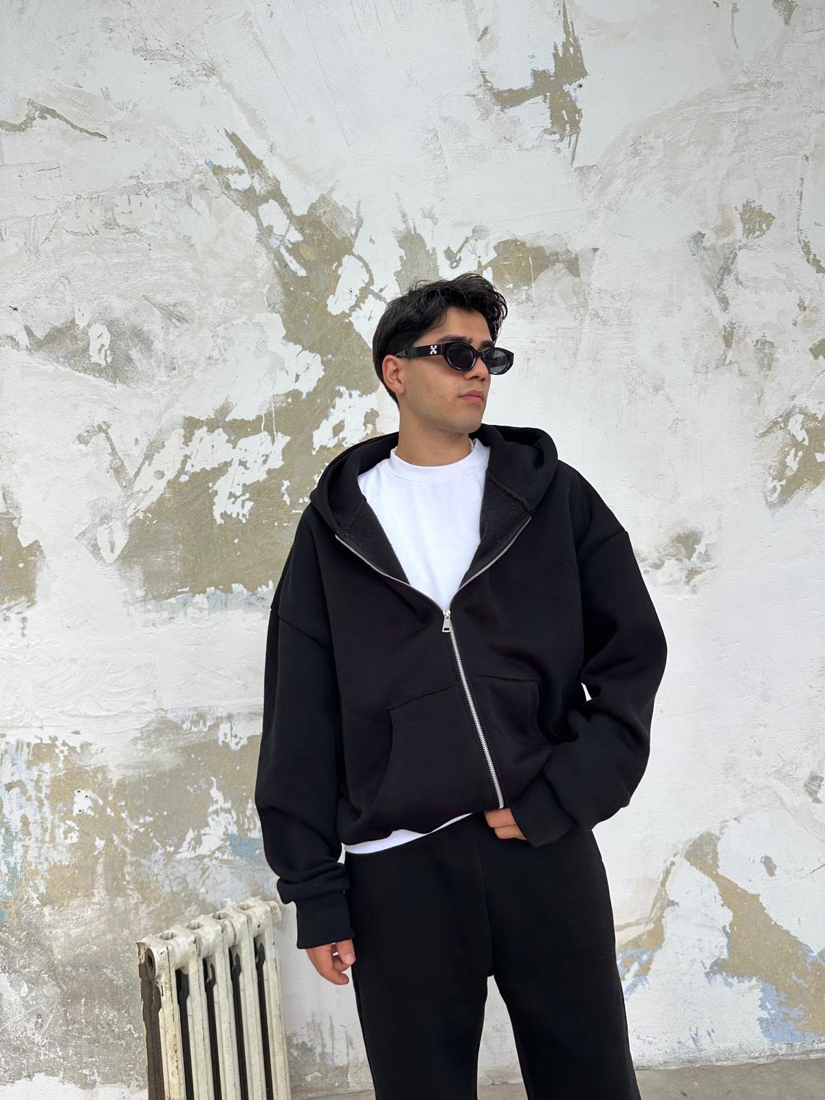 Siyah Oversize Basic Zip Hoodie