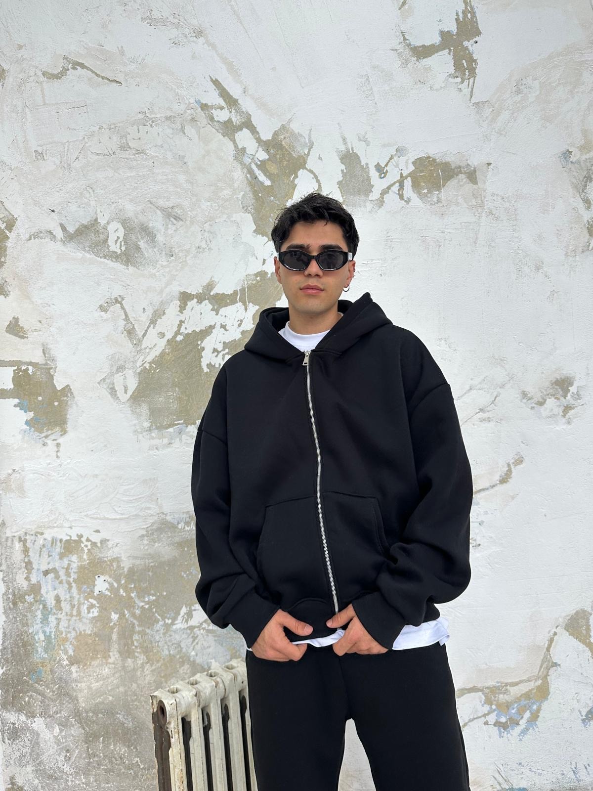 Siyah Oversize Basic Zip Hoodie - STREETWEAR-SOKAK MODASINDA