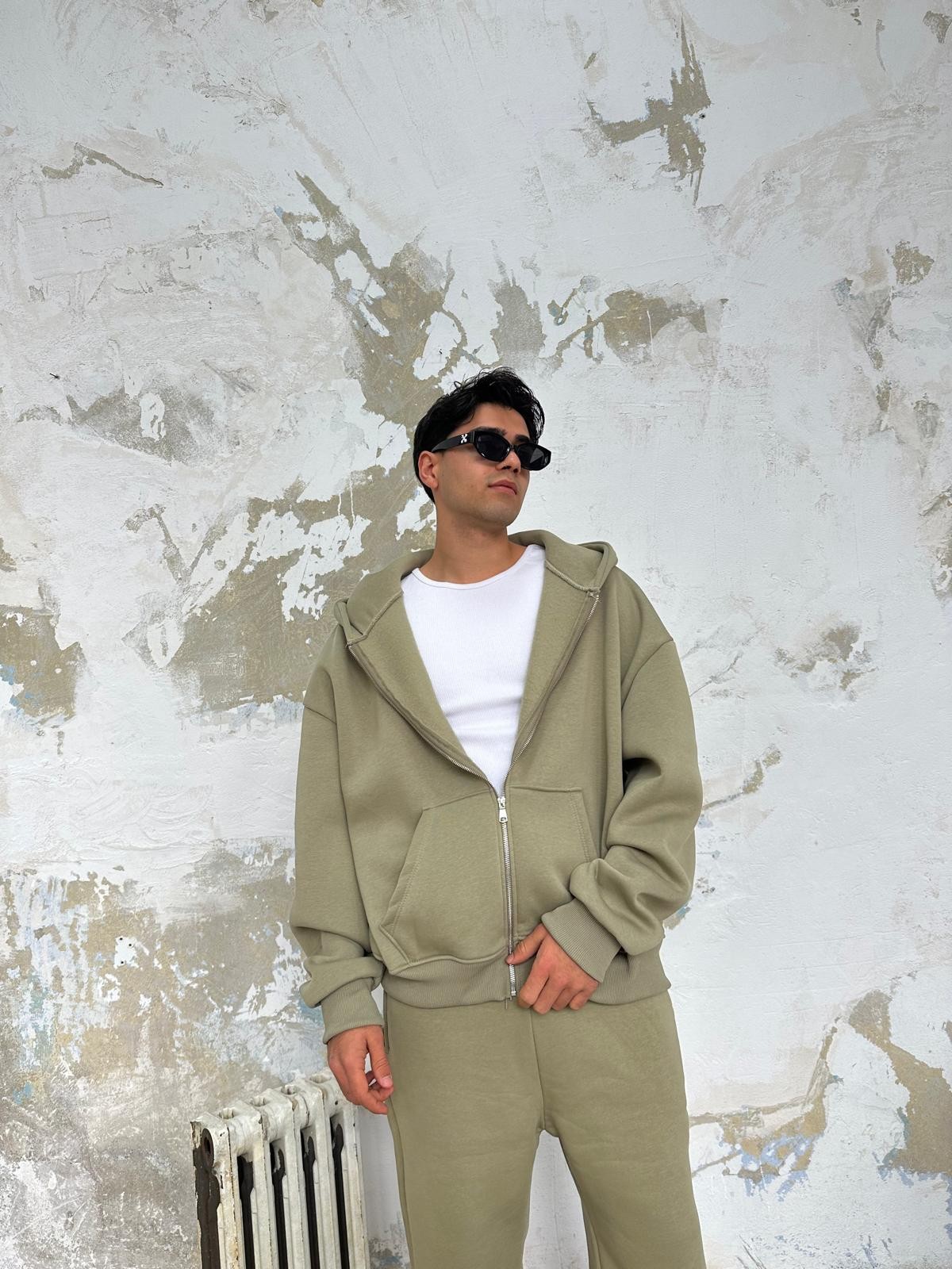 Küf Yeşili Oversize Basic Zip Hoodie 