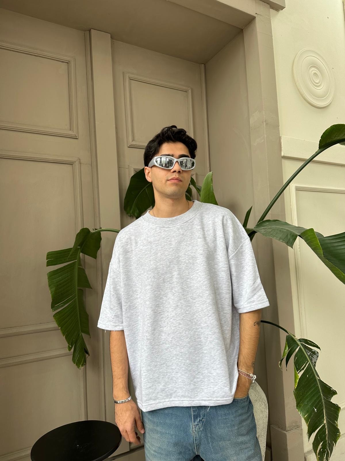 Kışlık Kumaş Gri Melanj Oversize Basic T-Shirt