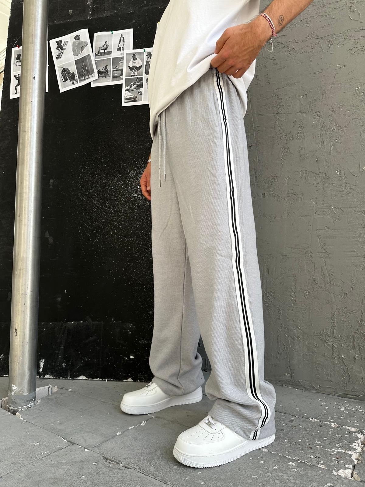 Şerit Detay Gri Baggy Oversize Eşofman 