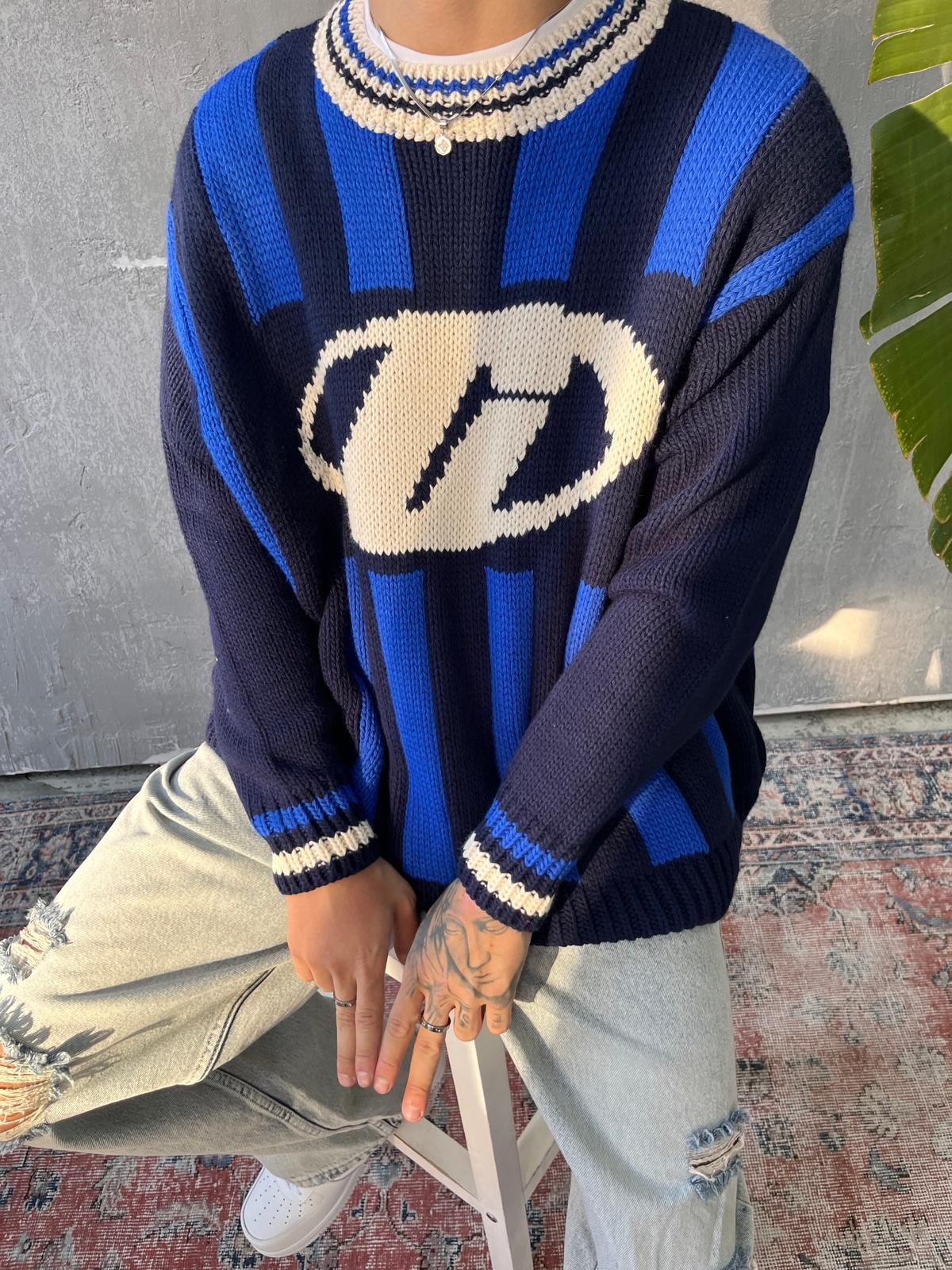 G Logo Detay Lacivert Kalın Örgü Triko 