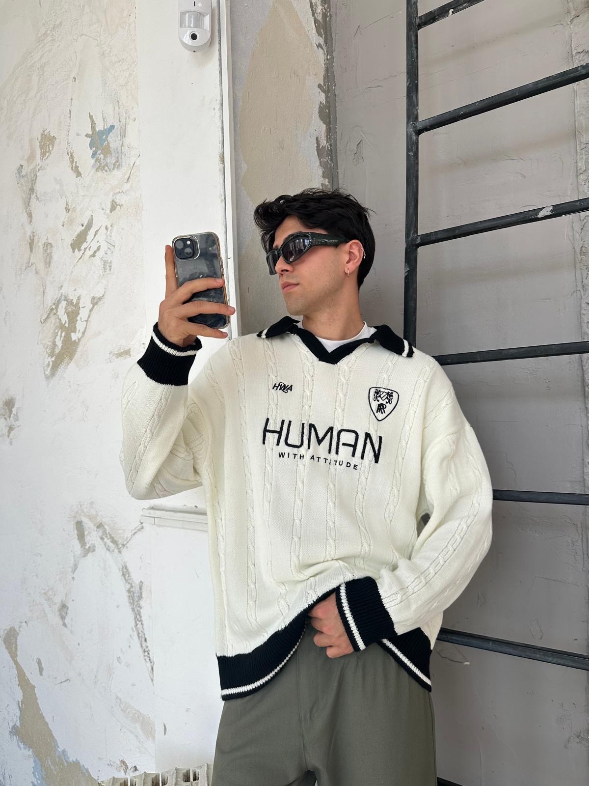 Human Nakışlı White Polo Yaka Triko