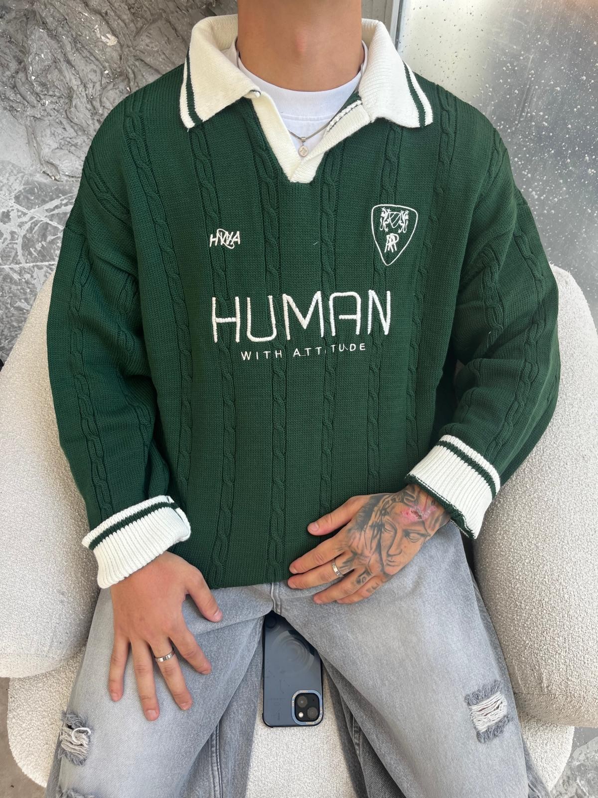 Human Nakışlı Yeşil Polo Yaka Triko 