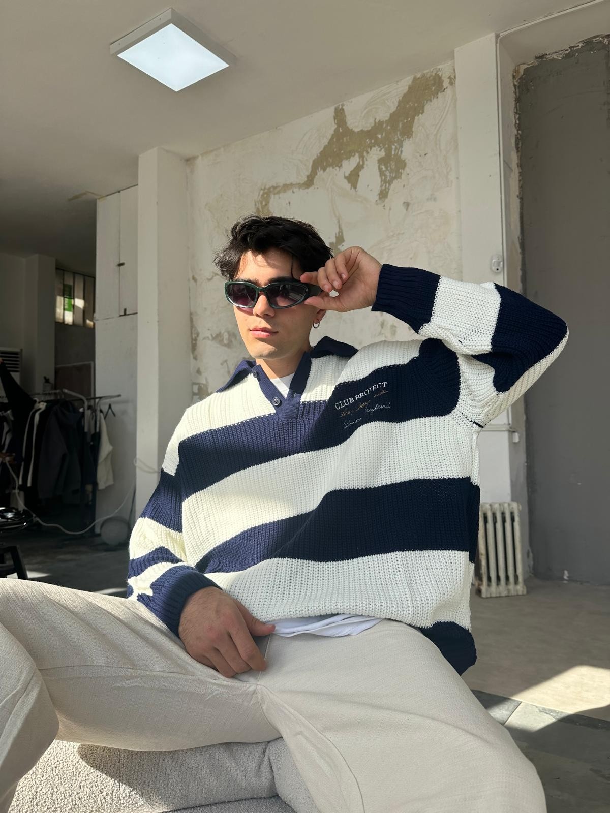 Club Project Nakışlı White Blue Polo Yaka Triko 