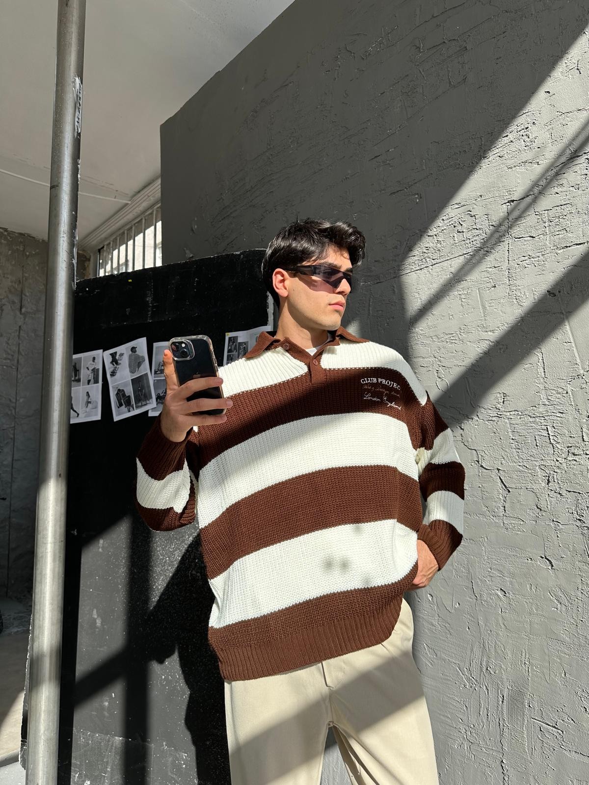 Club Project Nakışlı White Brown Polo Yaka Triko 