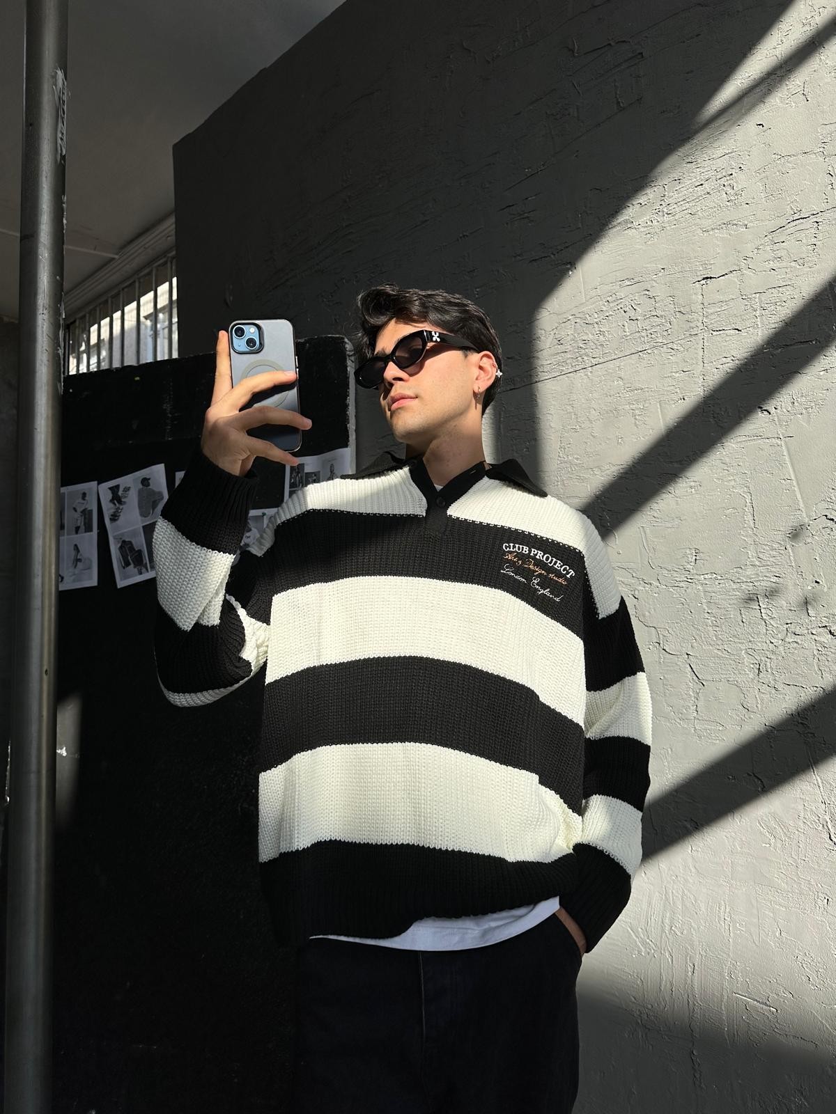 Club Project Nakışlı White Black Polo Yaka Triko