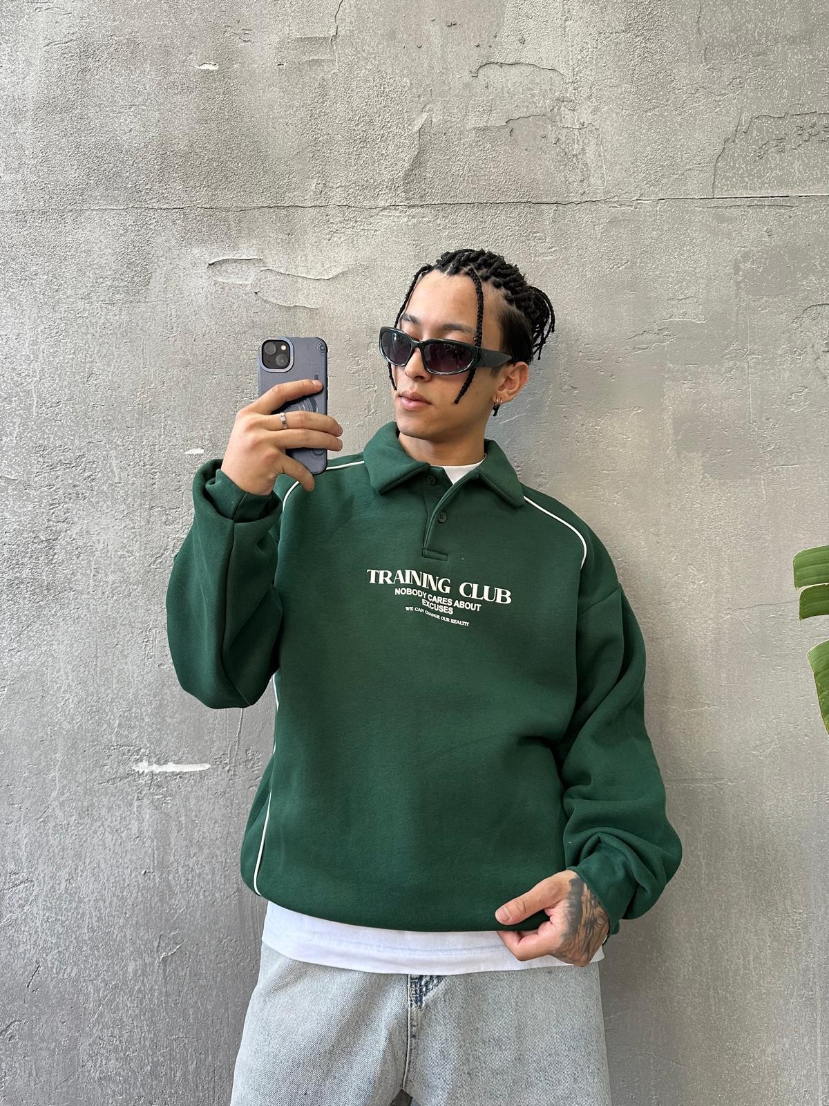 Training Club Back Print Green Polo Yaka Sweatshirt 