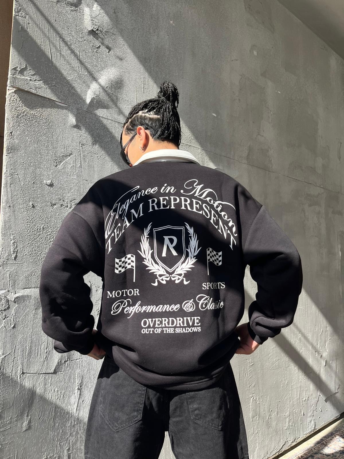 Team Elegance Black Back Print Polo Yaka Sweatshirt 