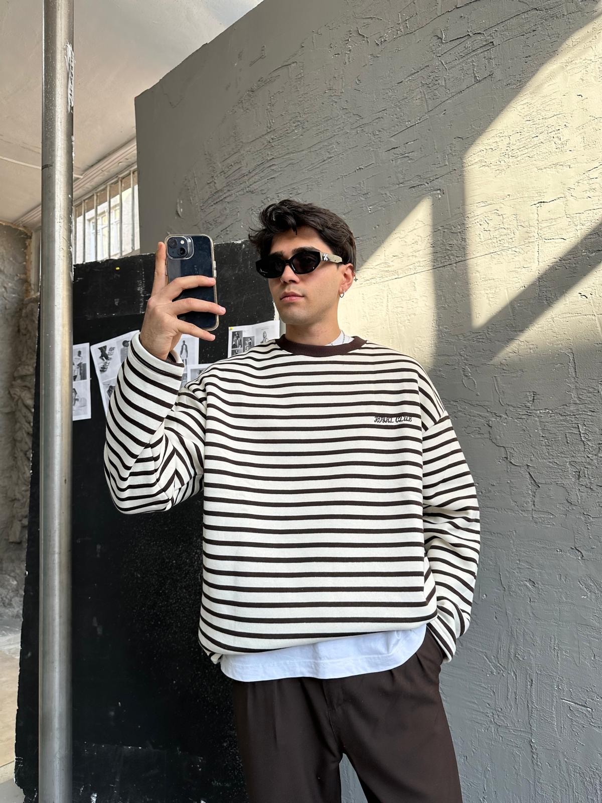 Royal Club Kahve Çizgili Oversize Sweatshirt 
