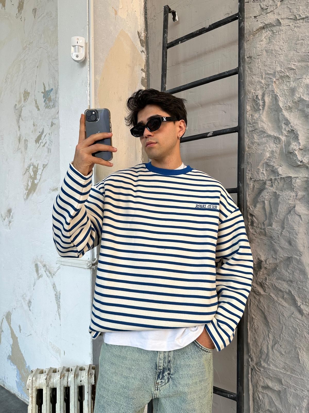 Royal Club Lacivert Çizgili Oversize Sweatshirt 