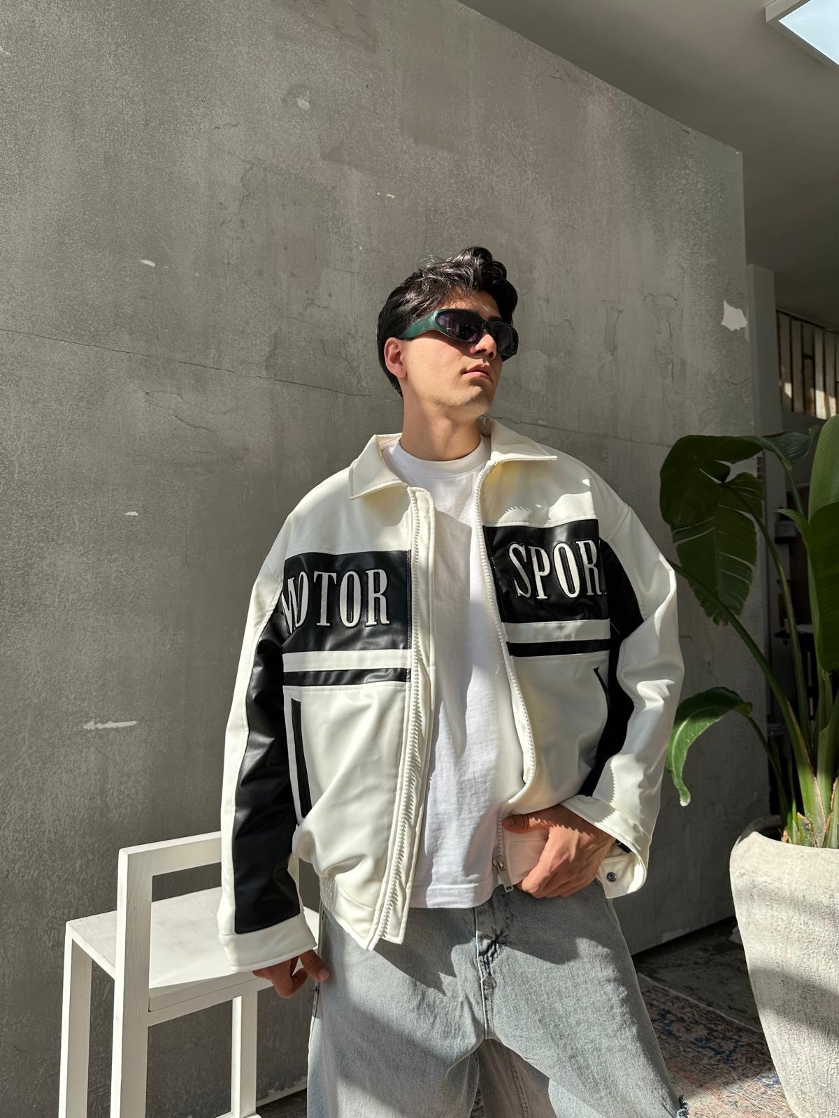 Motorsport Beyaz Deri Ceket