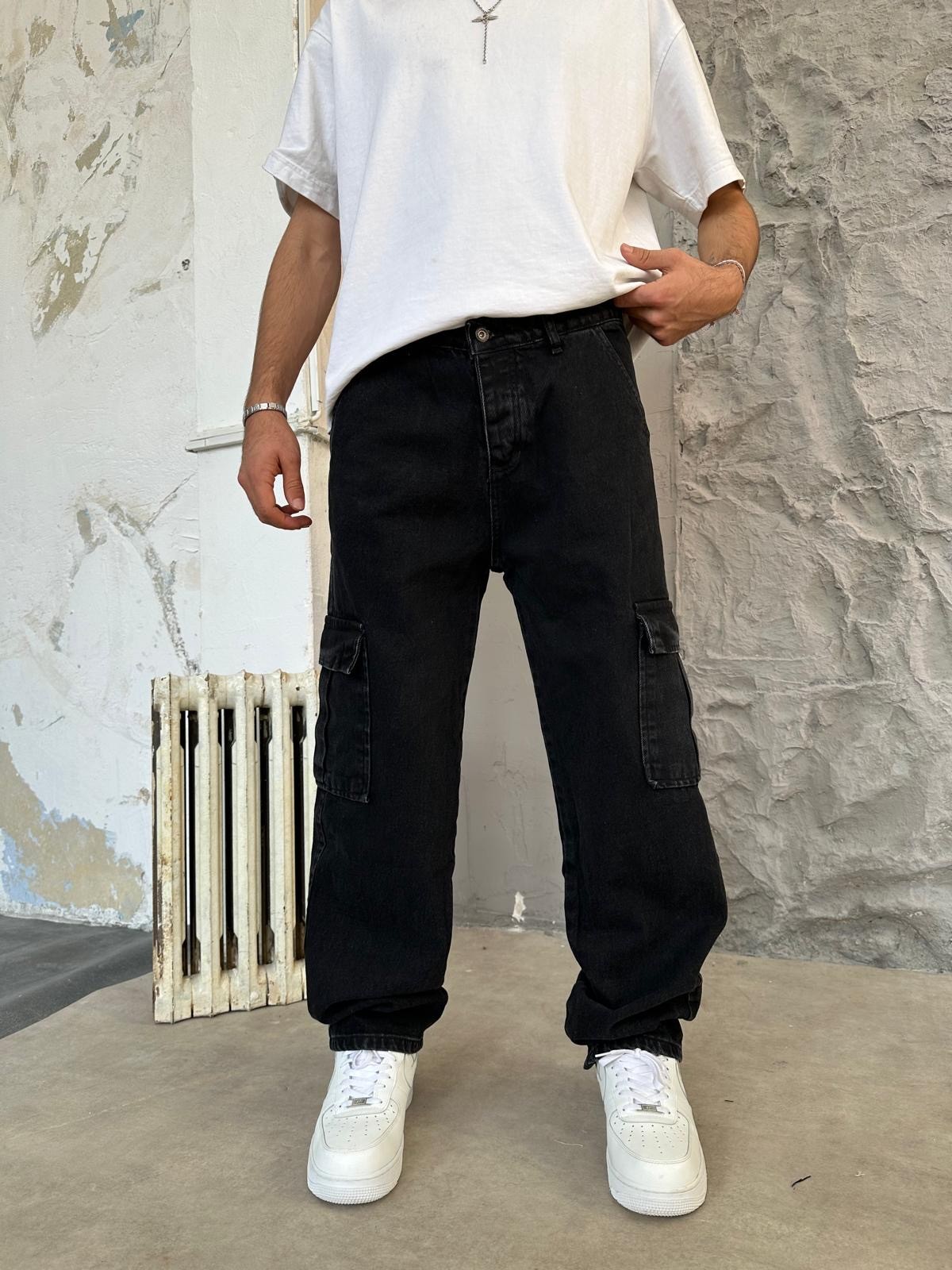 Yıkamalı Siyah Kargo Pantolon