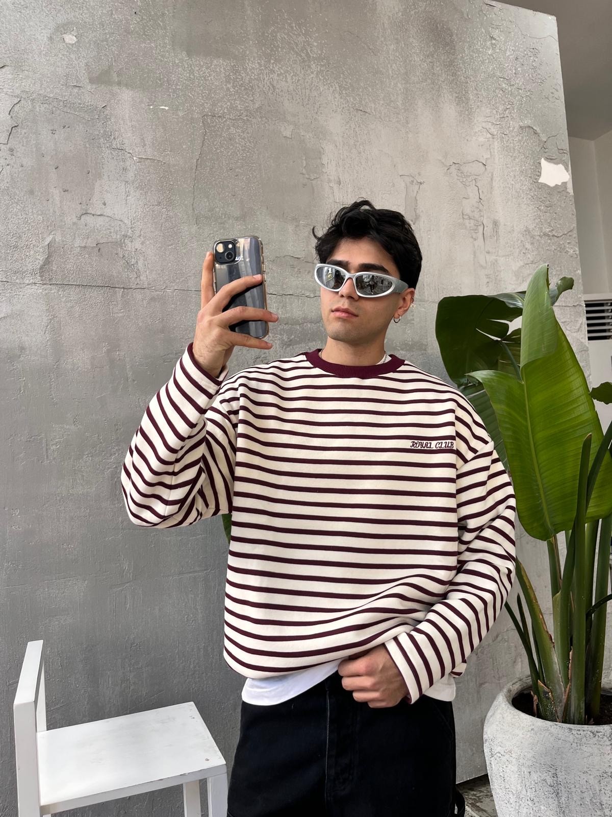 Royal Club Bordo  Çizgili Oversize Sweatshirt
