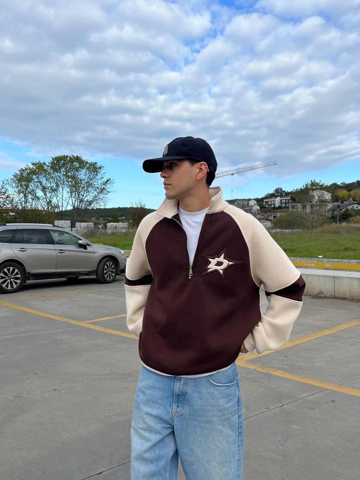 D Star Nakışlı Half Zip Kahve Sweatshirt
