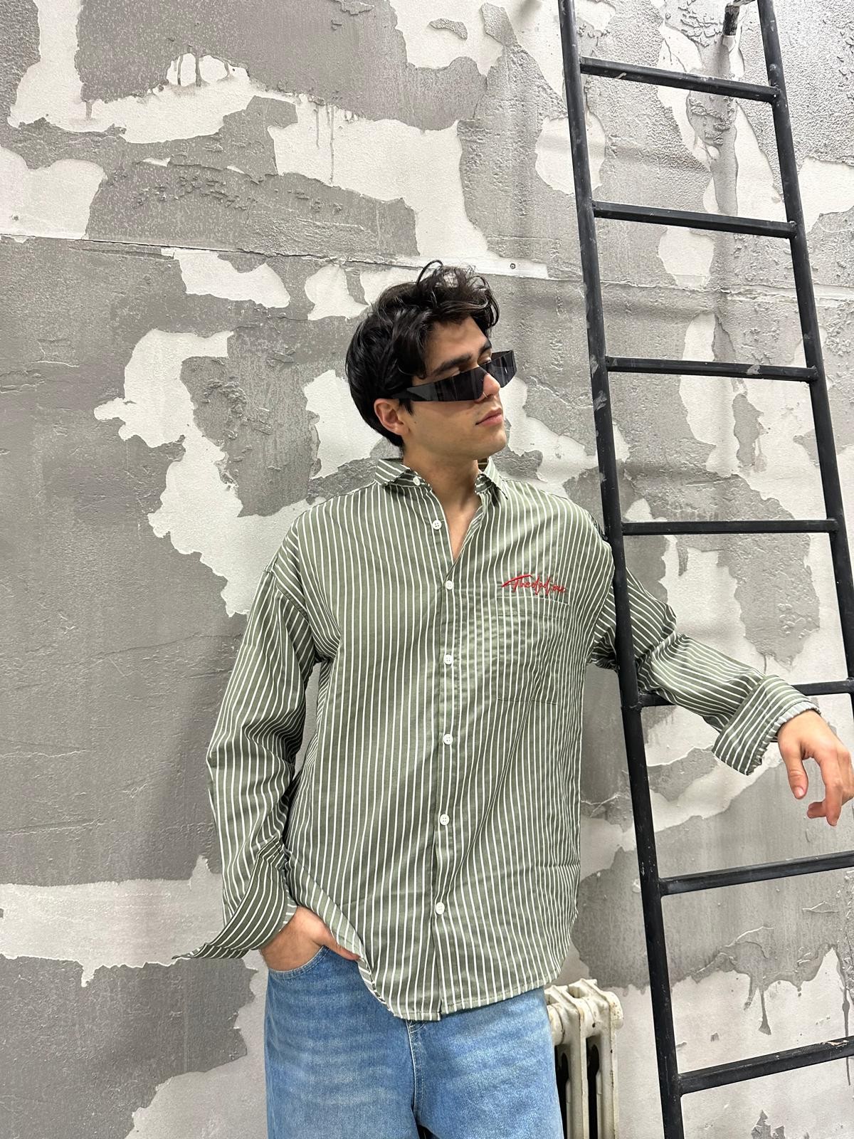 The Dad Basic Nakışlı Yeşil Çizgili Chill Gömlek