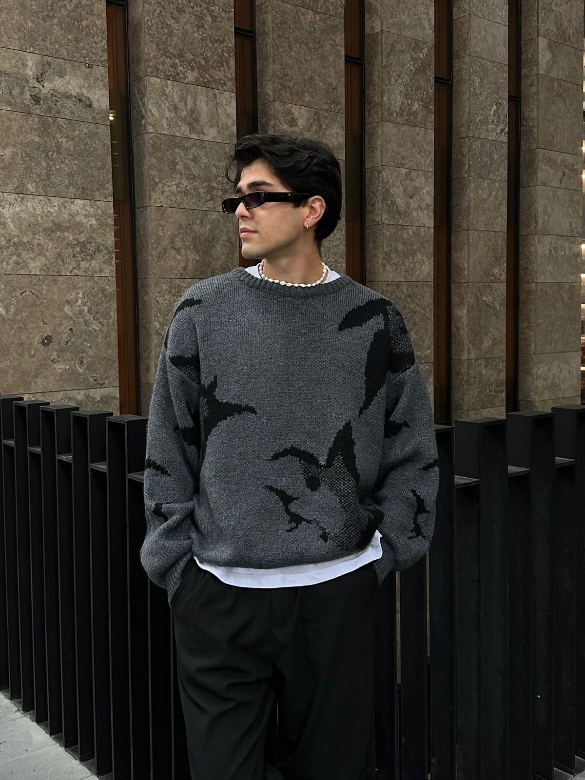 Efekt Detaylı Kalın Triko Gri Kazak