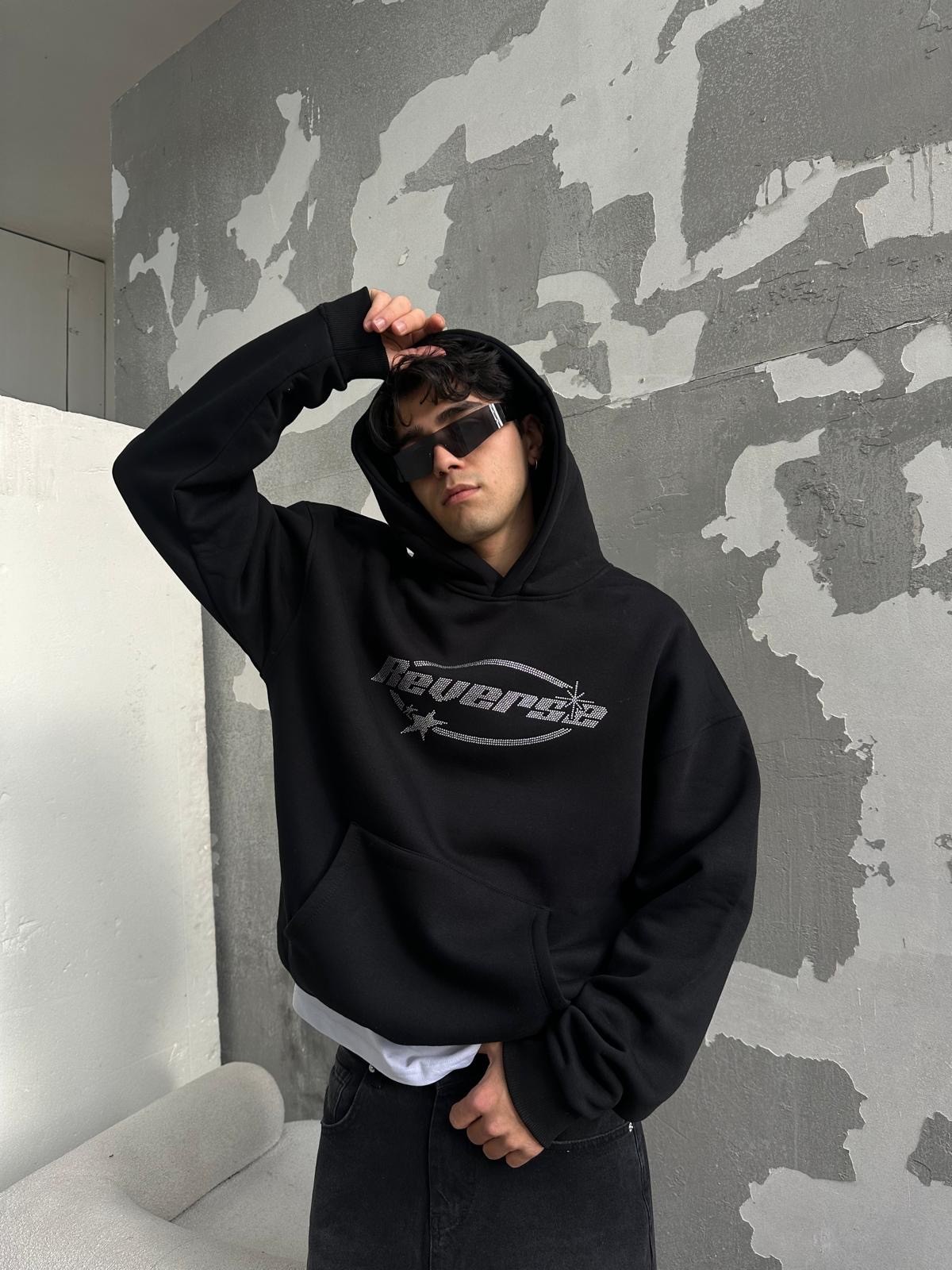Reverse Taş İşlemeli Oversize Hoodie